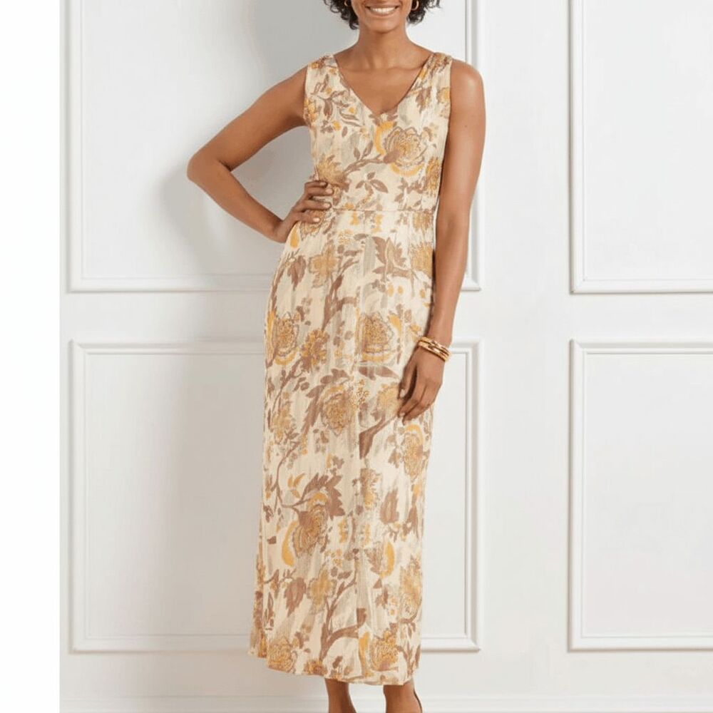 Talbots Sleeveless Fit‎ & Flare Climbing Floral Dress Gold Metallic Size 14